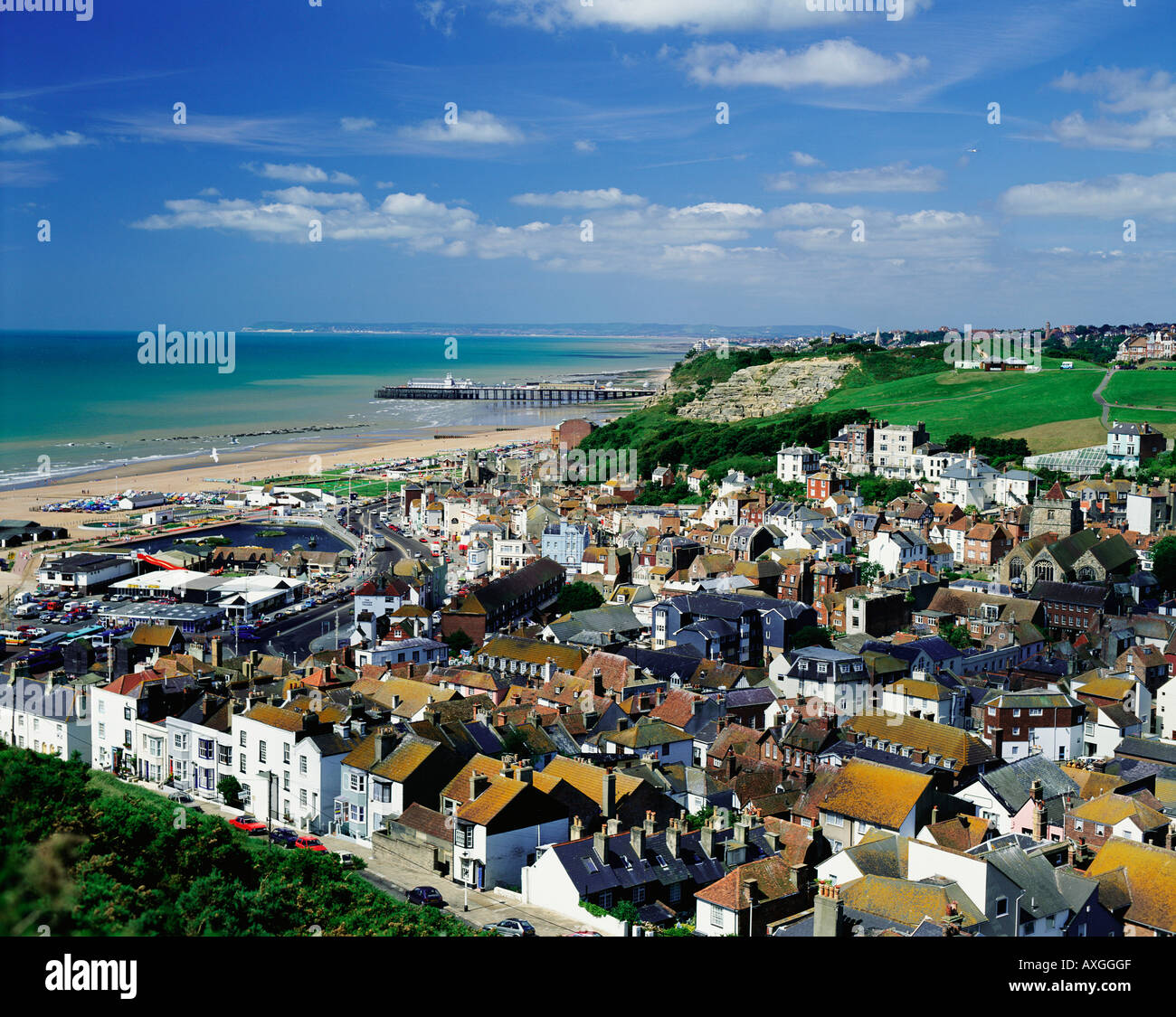 Hastings, view from East Hill over the rooftops of Hastings Old Town to the pier and Beachy Head