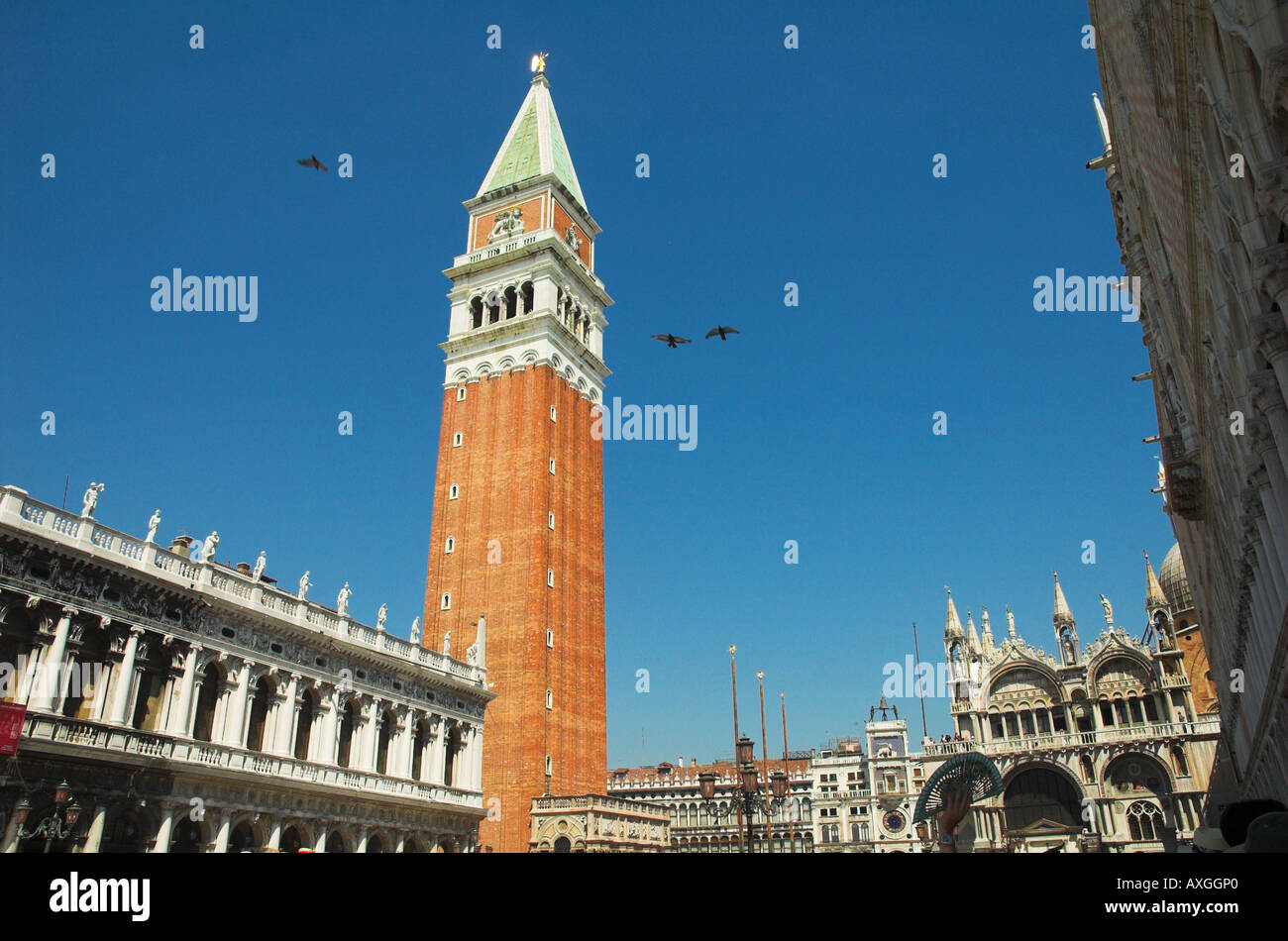 The Bell Tower (Campanile) and St Marks Basilica in St Marks Square Venice Veneto Italy Stock Photo