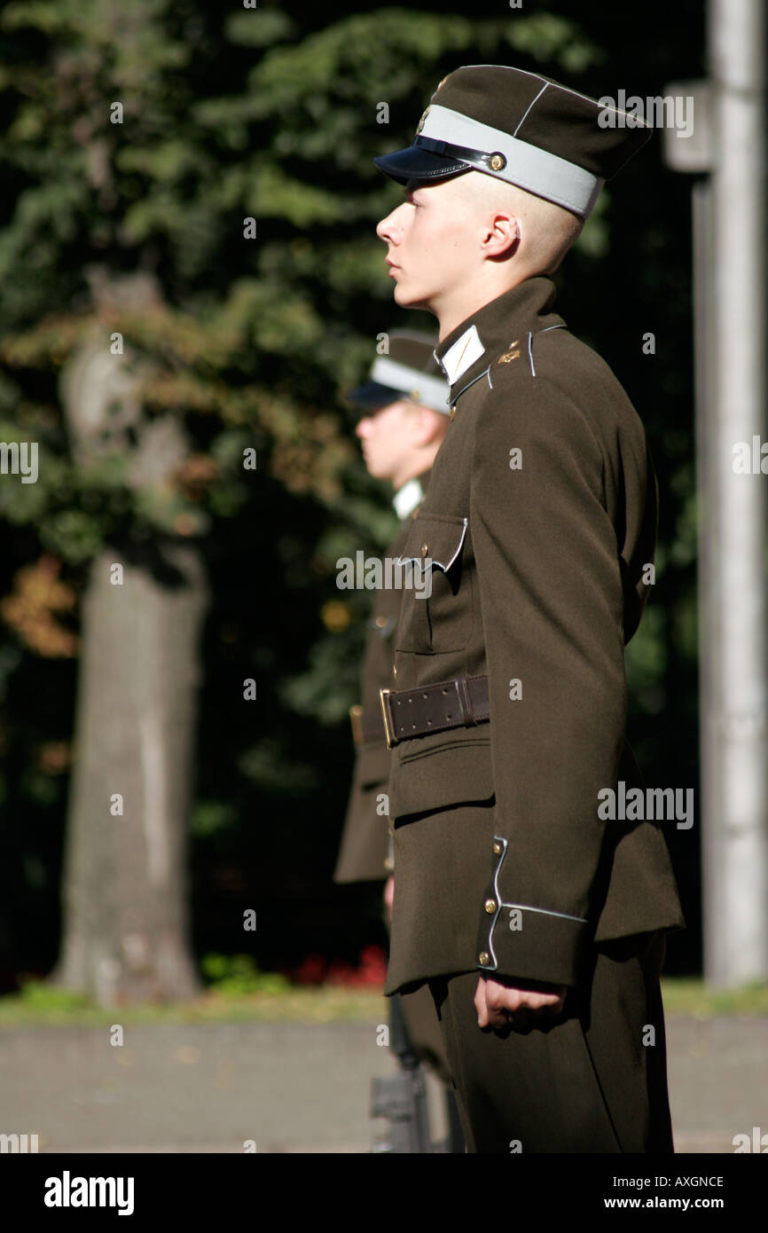 The guard of honour that stands at the base of the freedom monument in Riga Latvia Stock Photo