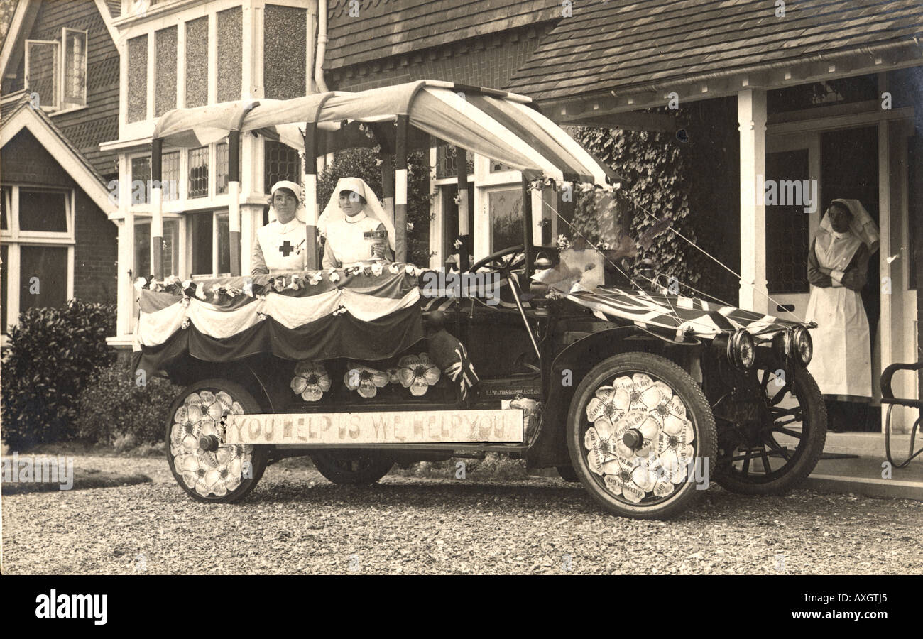 Alexandra Day Vehicle Decorated with Roses and Slogan You help us we help you Lifestyle History Wales Stock Photo