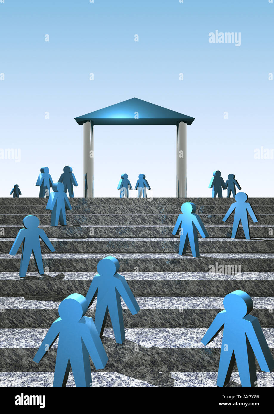 Gebäude und Personen auf Treppe People on stairways in front of a building Stock Photo