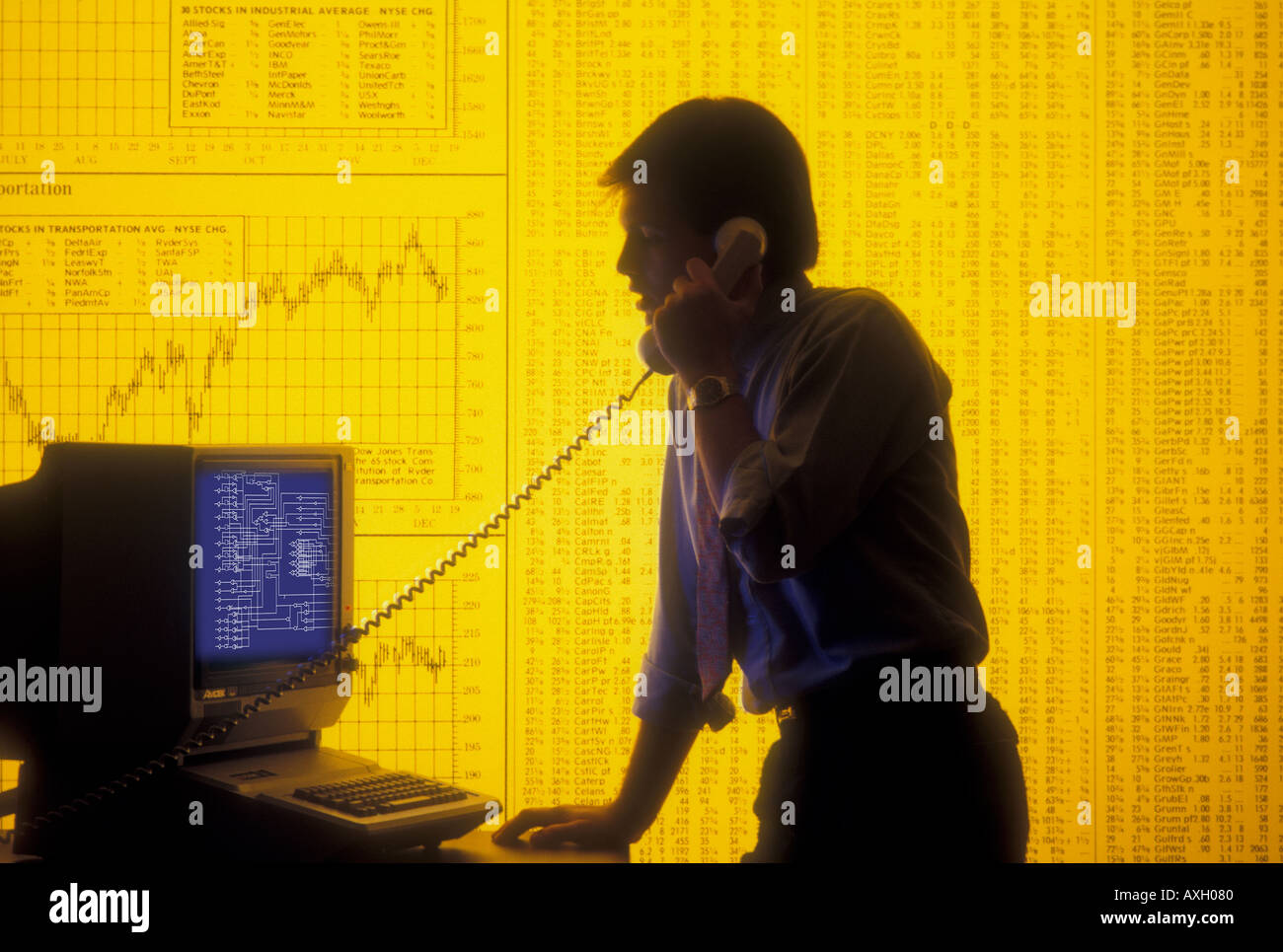 computer operator studying financial statistics on monitor with telephone in business environment Stock Photo