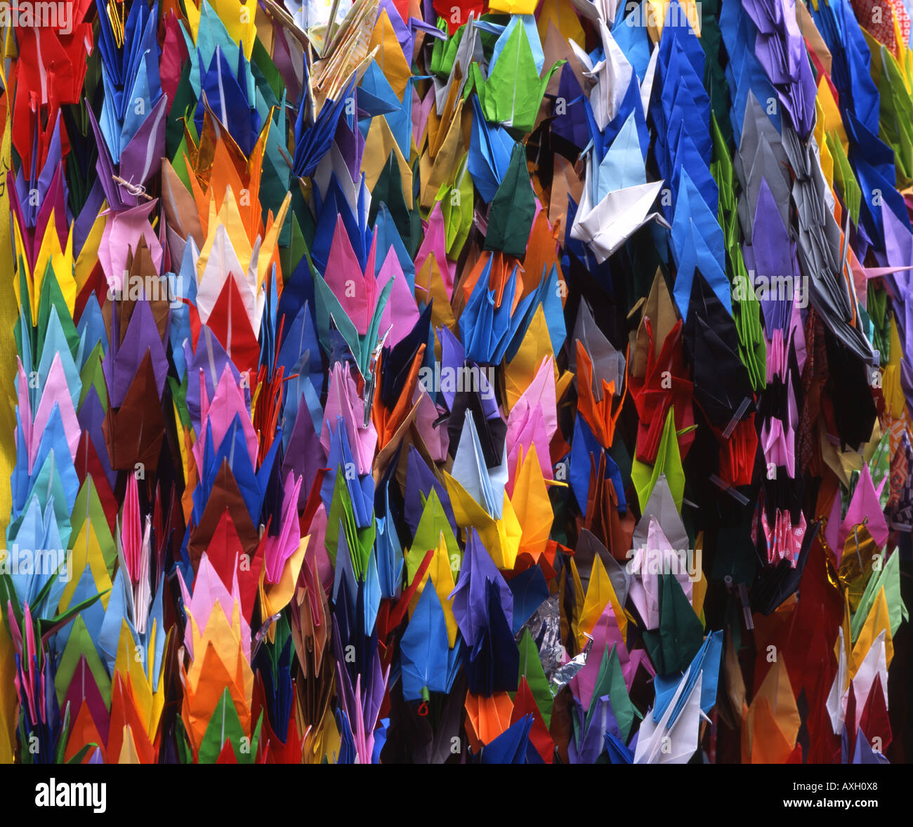 Senbazuru, a thousand paper origami cranes. Hanging at the Childrens's Peace Monument, Hiroshima, Japan. Stock Photo