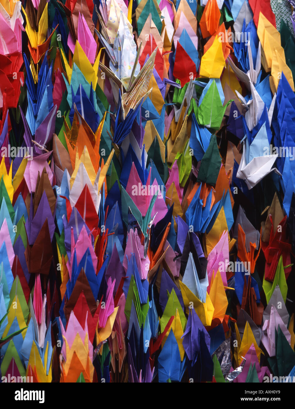 Senbazuru, a thousand paper origami cranes. Hanging at the Childrens's Peace Monument, Hiroshima, Japan. Stock Photo