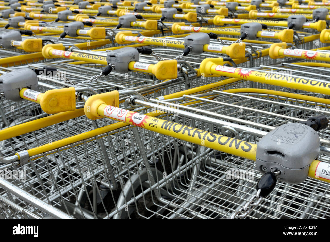Line of Morrisons supermarket trolleys Stock Photo