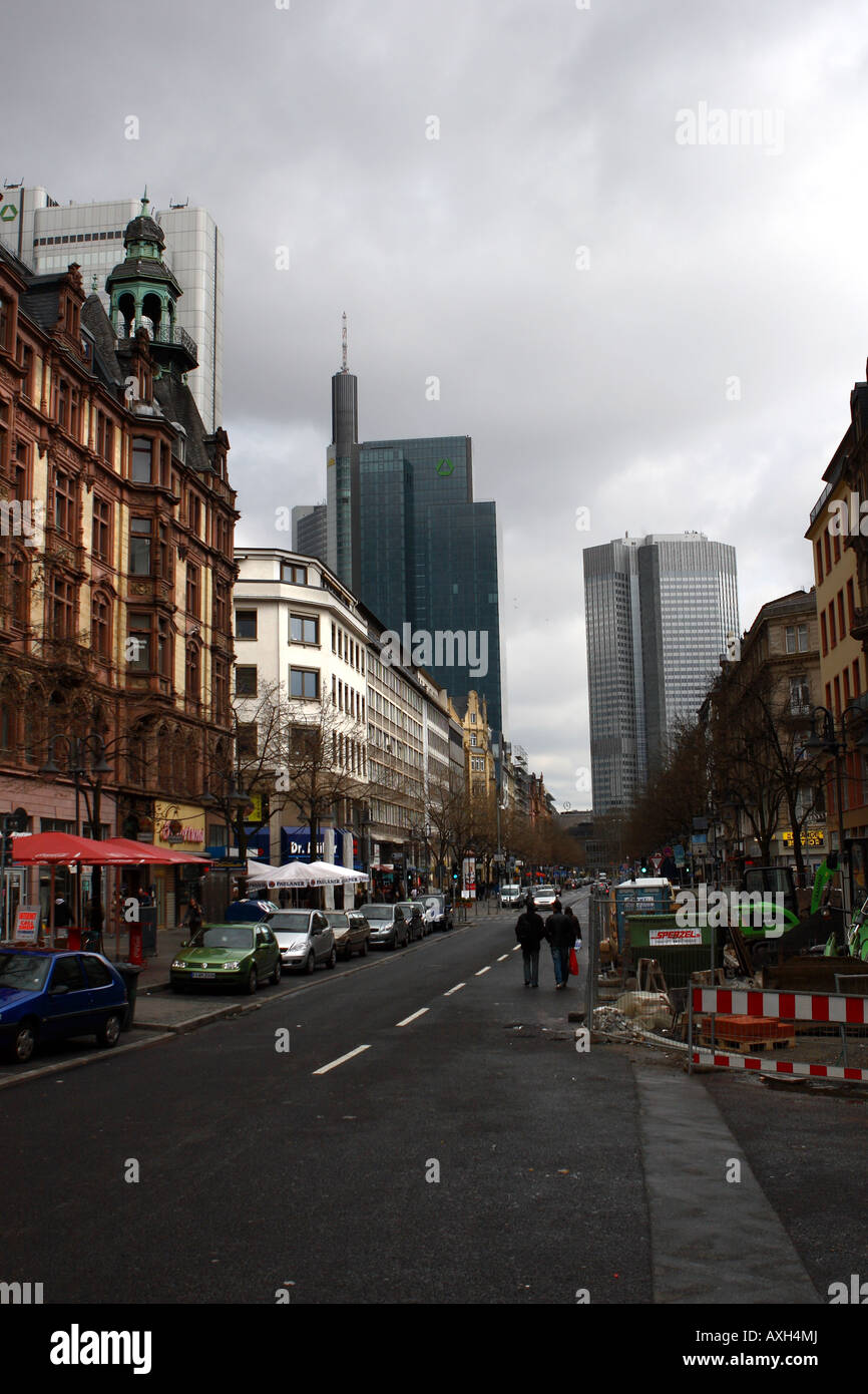Frankfurt city with bank buildings, standing in the beginning of Kaiserstrasse with the back to the street Am Hauptbahnhof (B44) Stock Photo