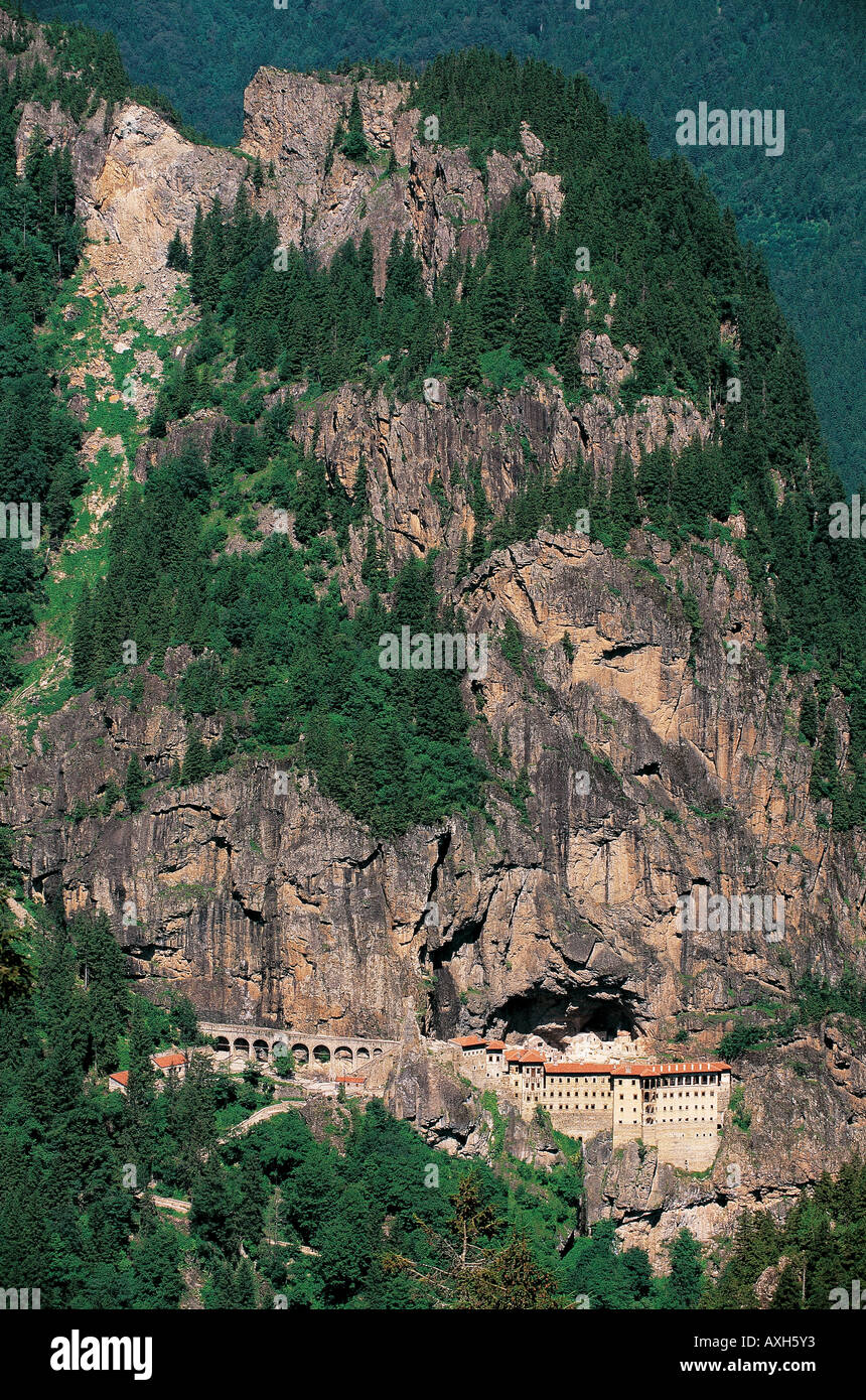 Exceptional view of Sumela Monastery on steep cliif of Karadag Zigana Mountains Trabzon Turkey Stock Photo