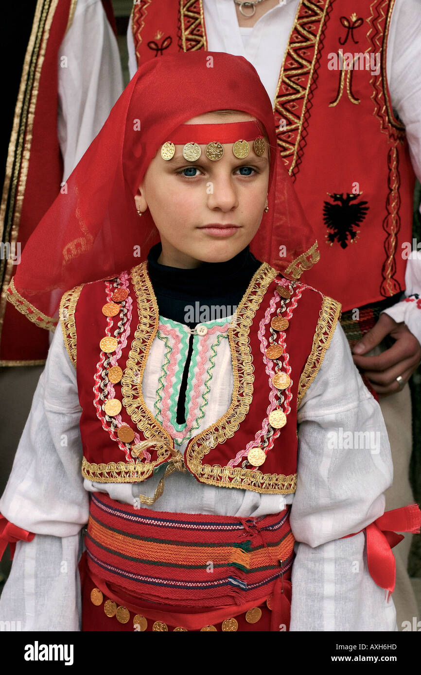 Kosovan girl in colorful traditional dress in a festival in Prishtine Kosovo Stock Photo