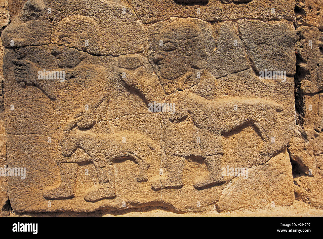 Hittite relief depicting two men bringing goats for sacrifice, Karatepe Aslantas Turkey. Stock Photo