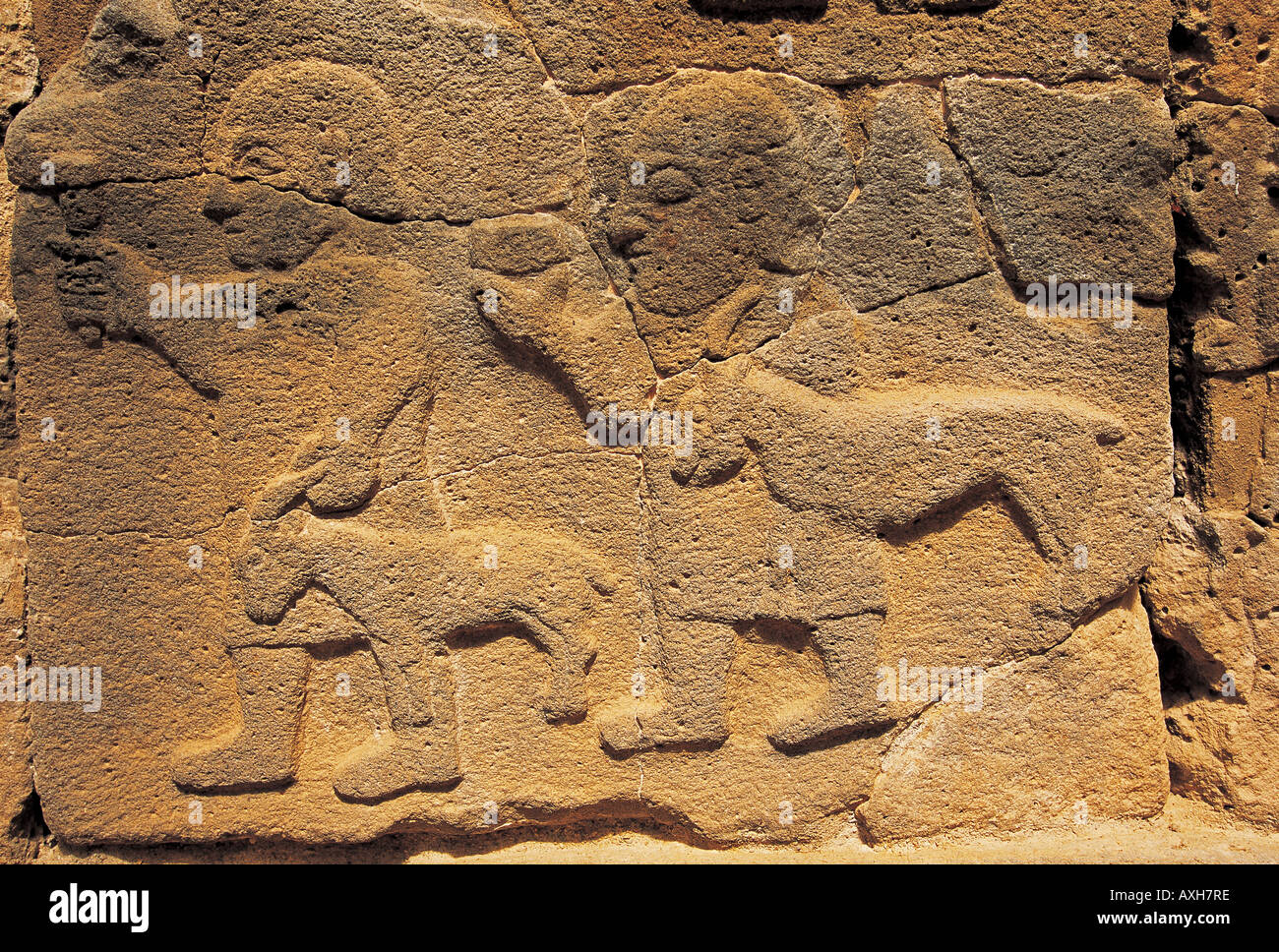 Hittite relief depicting two men bringing goats for sacrifice, Karatepe Aslantas Turkey. Stock Photo