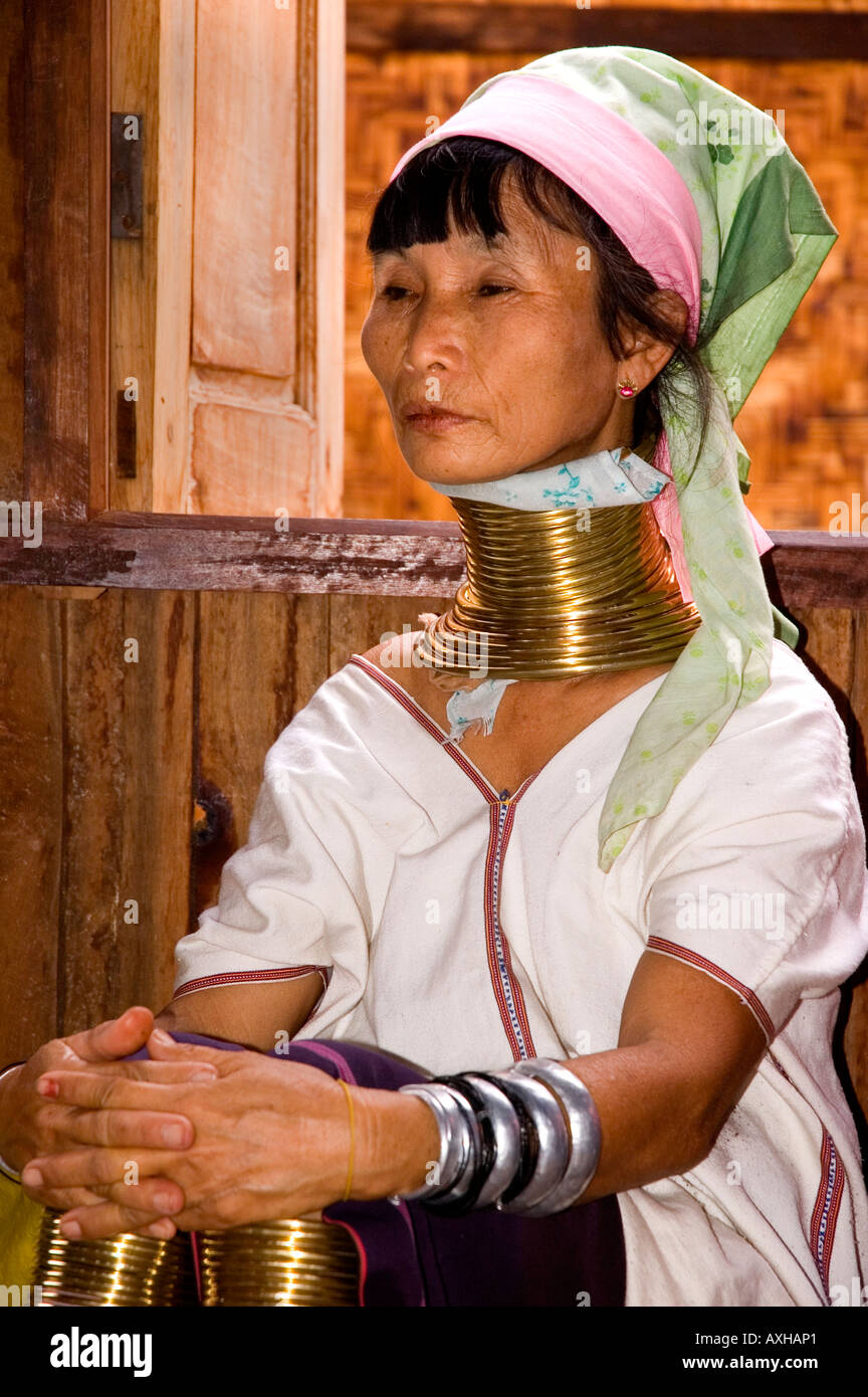 Stock photograph of a Padaung giraffe necked woman at Lake Inle in