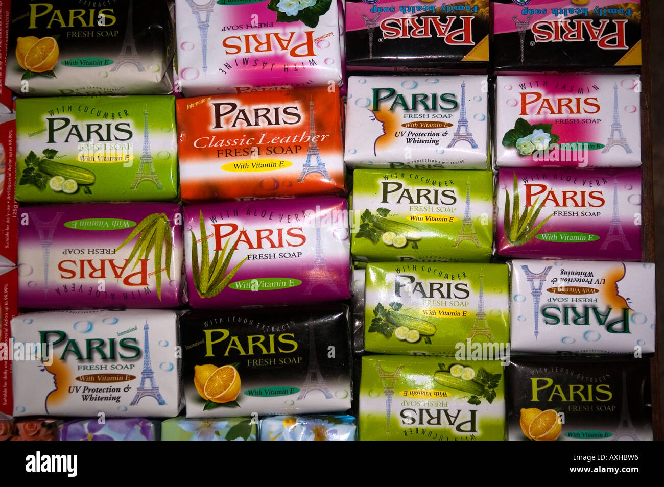Stock photograph of packets of soap at Hsipaw market in Myanmar 2006