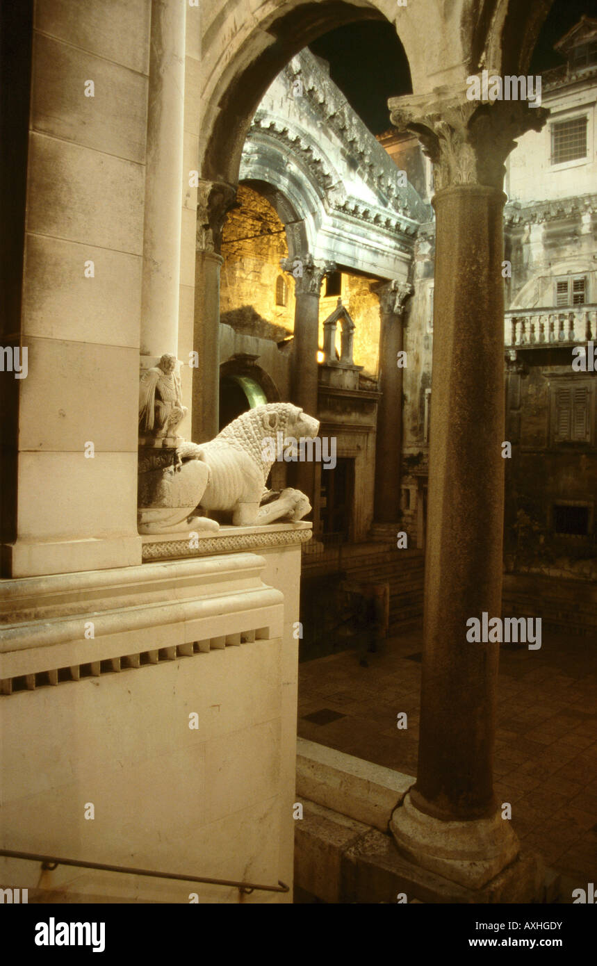 Medieval lion in front of the cathedral of St Dujam s peristyle Split Croatia Stock Photo