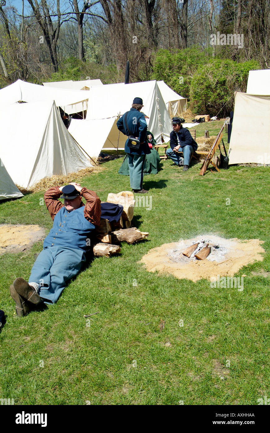 Some members of the 7th regiment of Md Volunteer infantry resting during the 1862 Civil War at a reenactment in Glendale Md Stock Photo