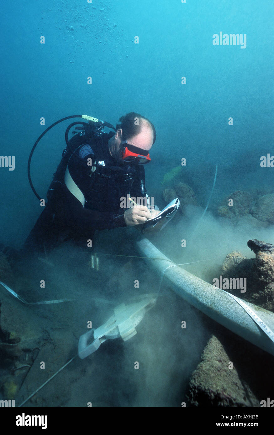 scubadiver in an underwater archeological site Stock Photo