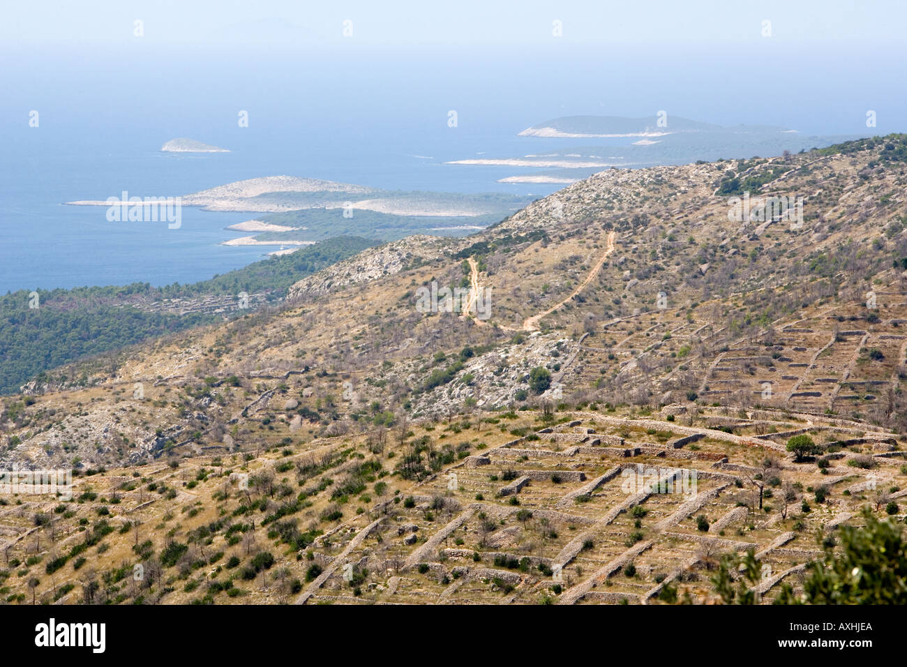 Fields and Islands a view from Hvar Island Croatia Stock Photo