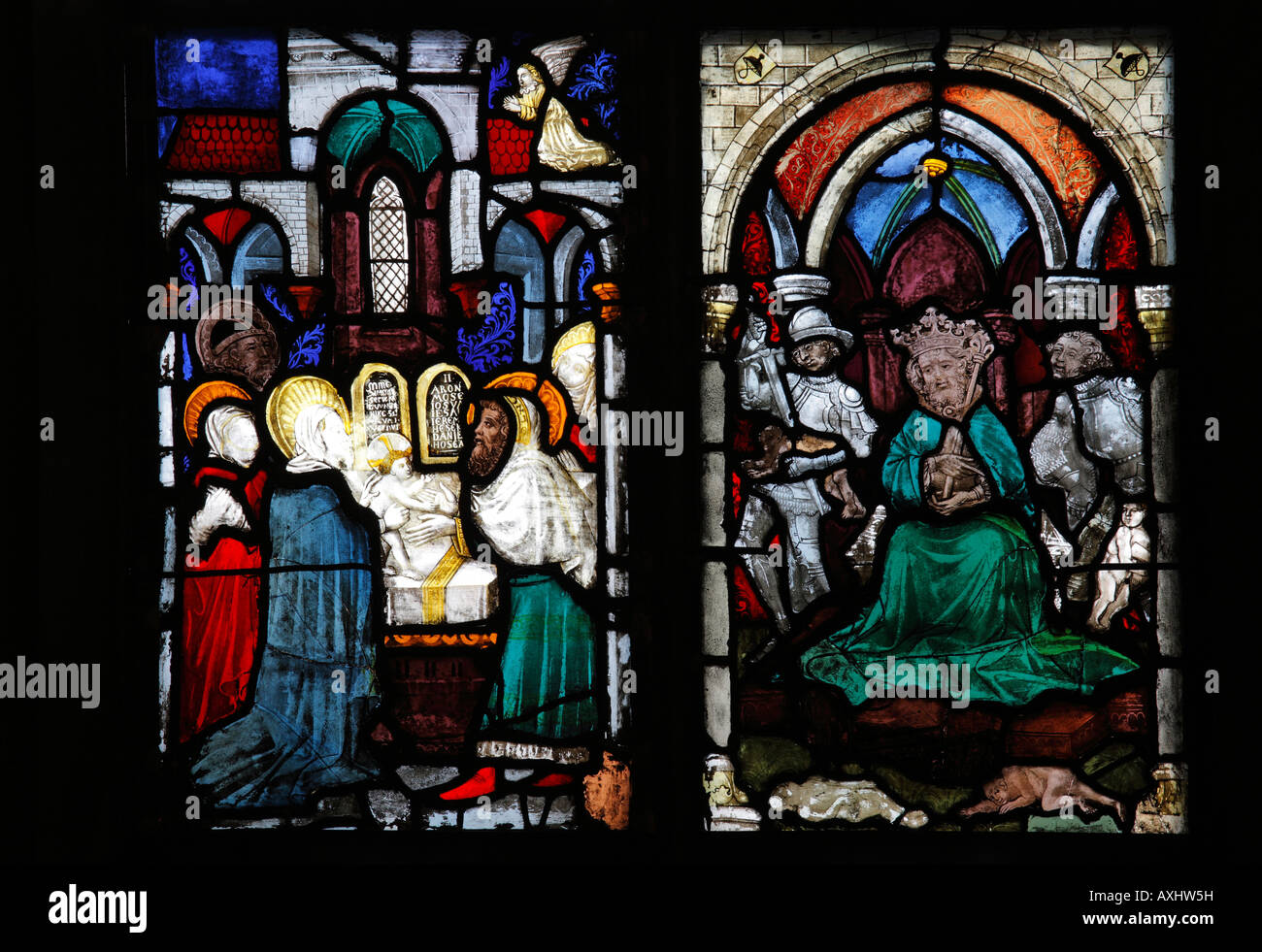Ulm, Münster, Bessererkapelle, Glasmalerei im Chörlein, Darstellung im Tempel und Kindermord Stock Photo