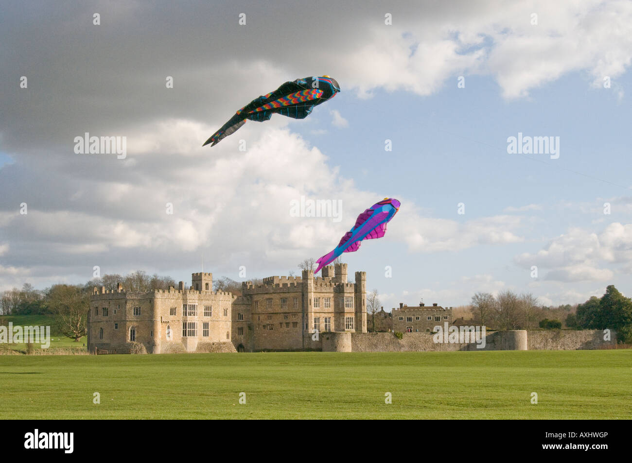 Kites over Leeds castle in Kent Stock Photo Alamy