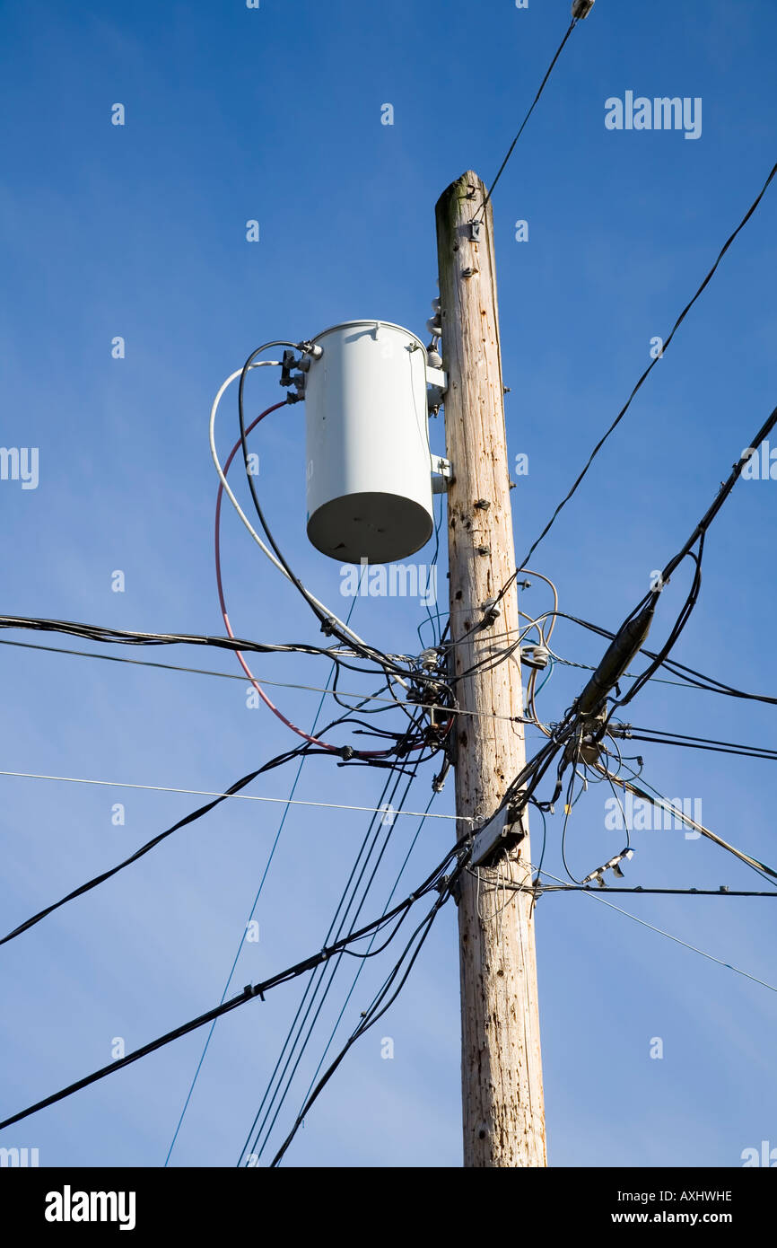 Pole mounted electricity transformer with wires supplying domestic