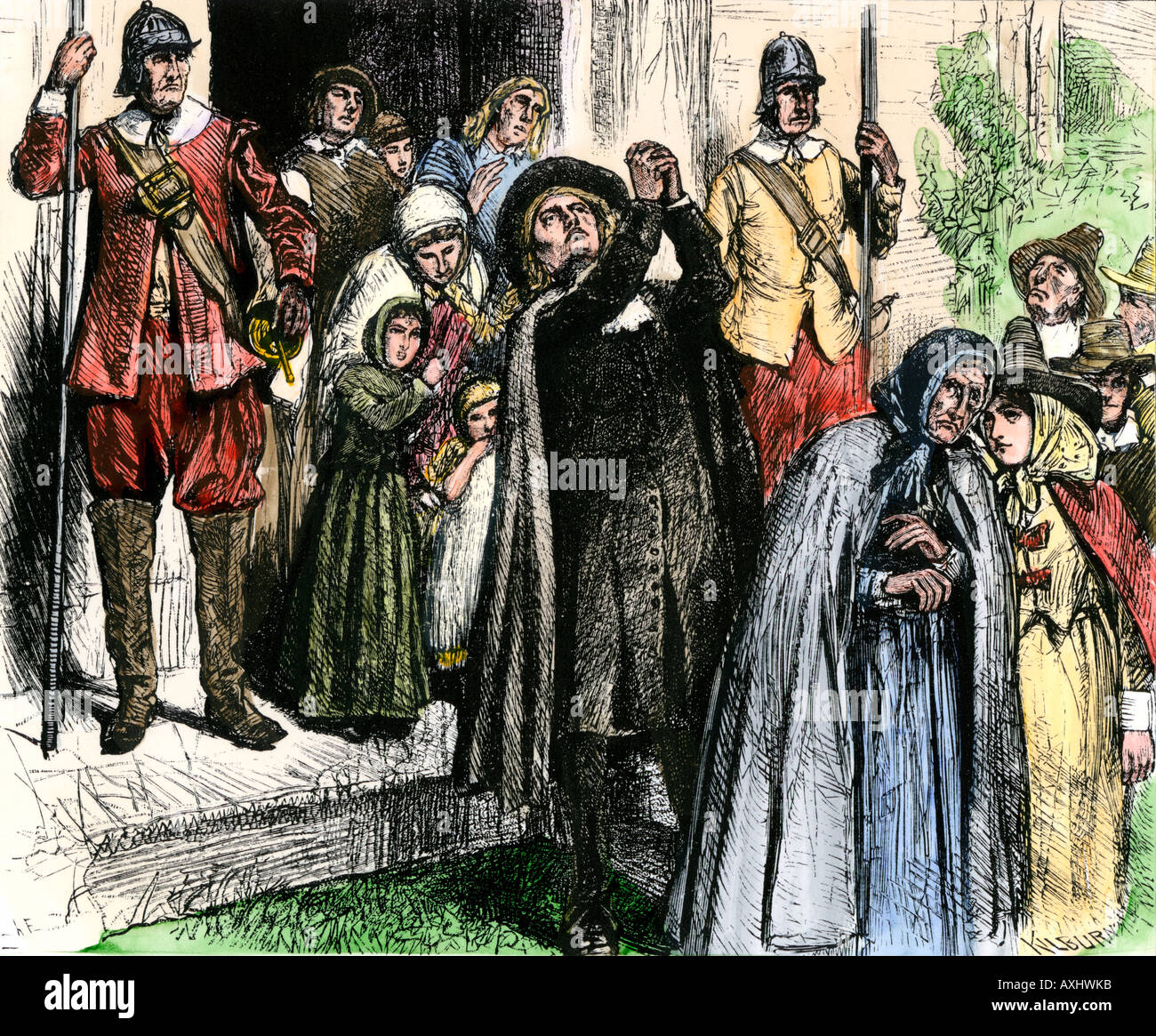 New England Puritan colonists leaving church 1600s. Hand-colored woodcut Stock Photo