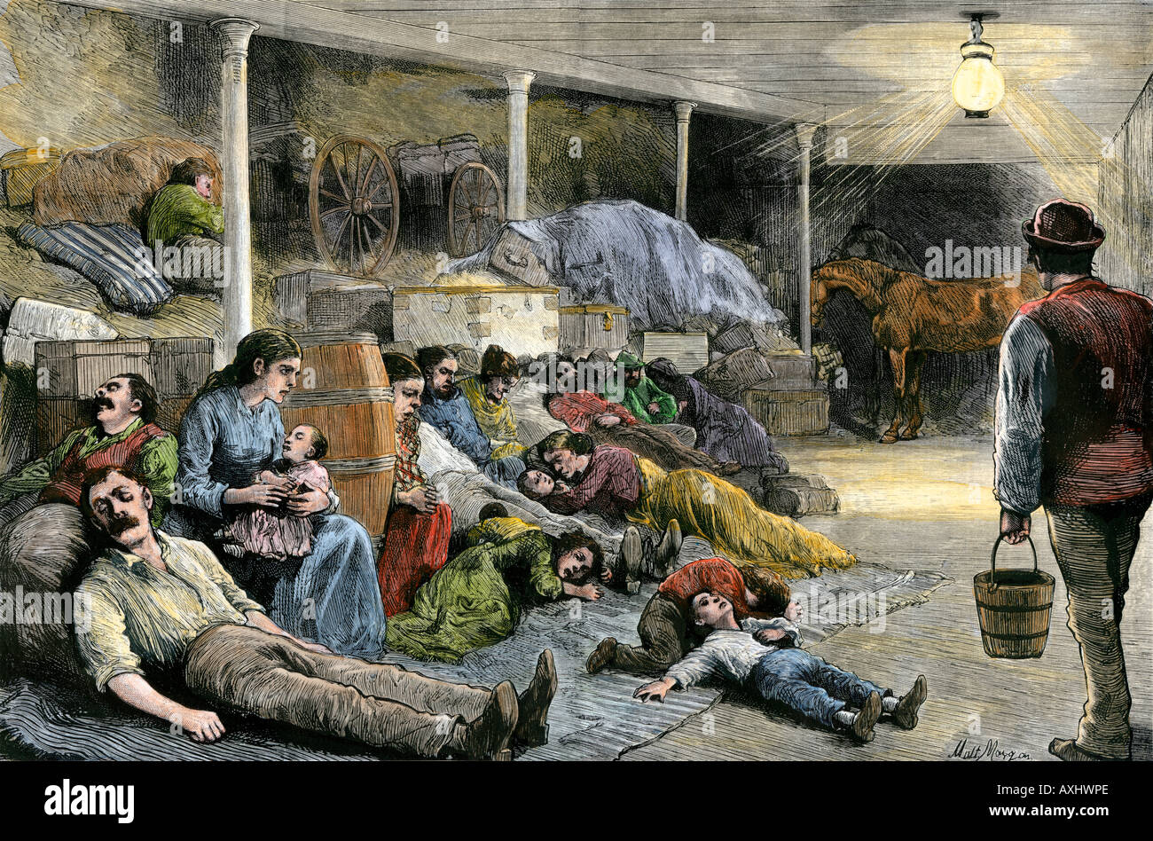 Immigrants crowded on a ship to Boston from New York City 1870s. Hand-colored woodcut Stock Photo