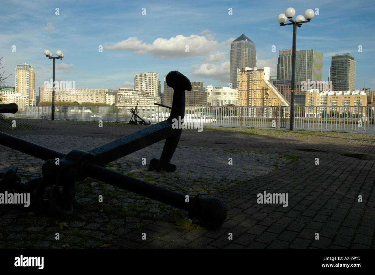 View of Canary Wharf from Rotherhithe old anchors the foreground London England Stock Photo