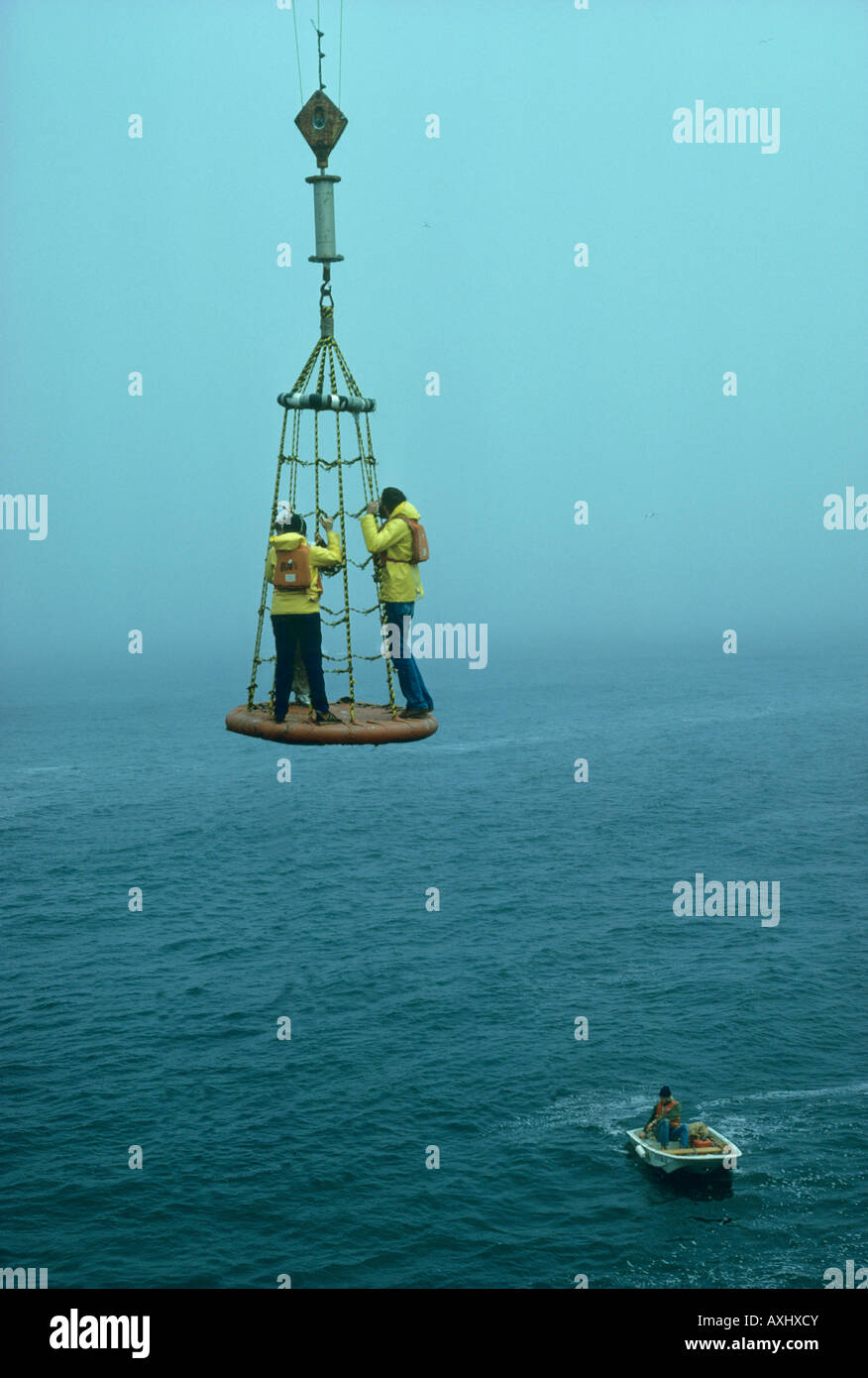 Scientists on Billy Pugh net, hoisting them onto SE Farallon Island, Farallon Islands NWR, California Stock Photo