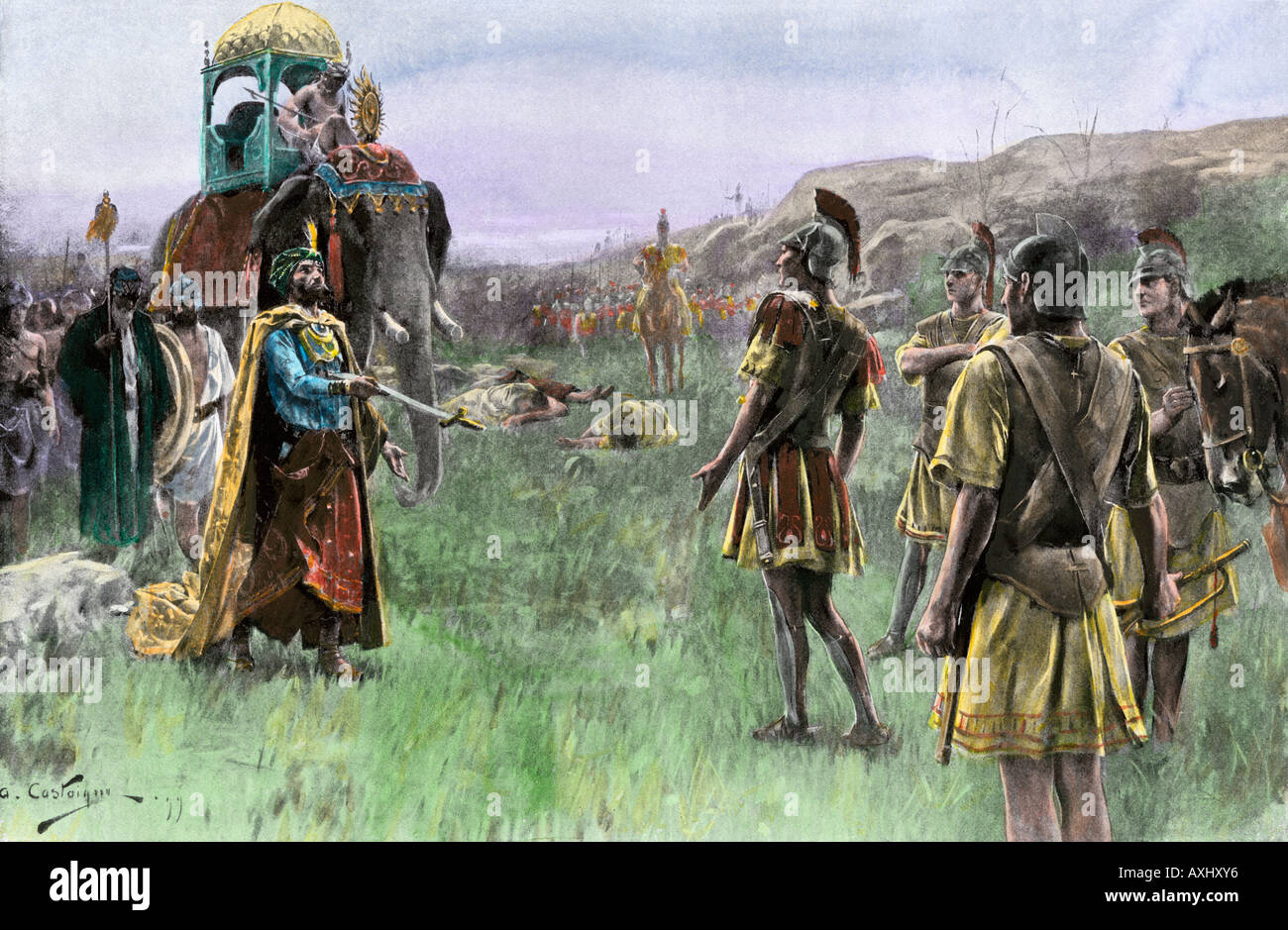 King Porus of India surrenders to Alexander the Great after the Battle of Hydaspes 326 BC. Hand-colored halftone of an illustration Stock Photo