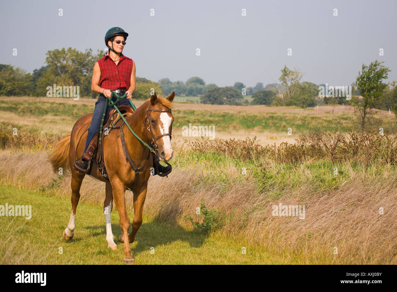 ILLINOIS Woman riding horse on mowed grass trail at Raven Glen forest