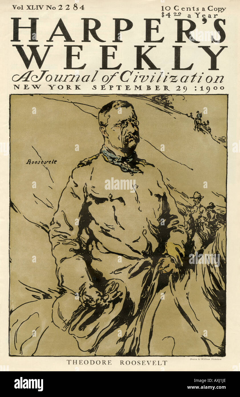 Rough Rider Theodore Roosevelt on Harpers Weekly cover 1900. Lithograph Stock Photo