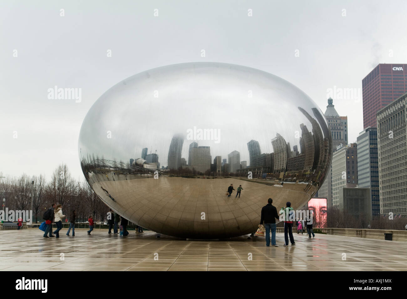 ILLINOIS Chicago Cloud Gate sculpture in Millennium Park foggy and
