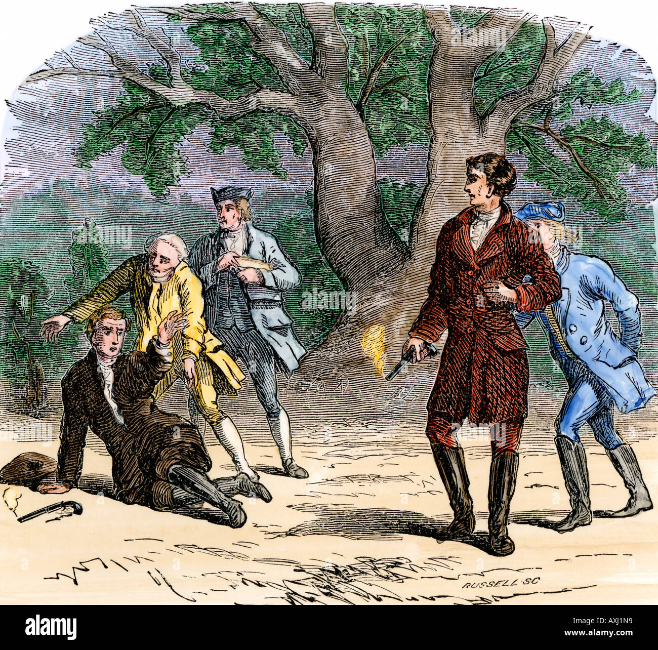 Young Andrew Jackson winning a pistol duel. Hand-colored woodcut Stock Photo