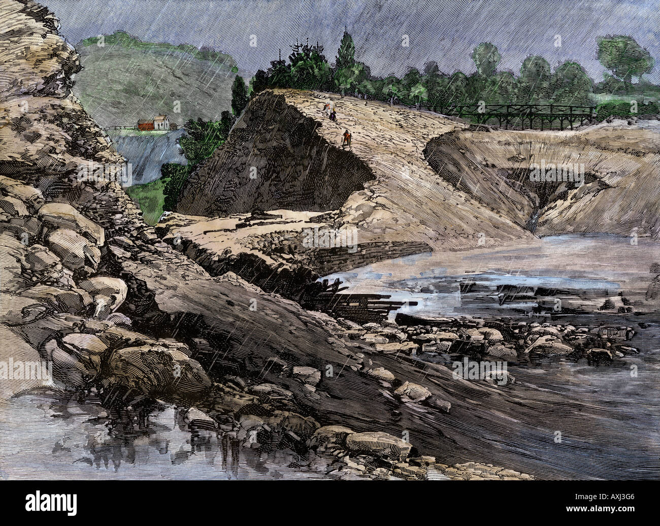 Empty reservoir behind the broken South Fork Dam that caused the Stock