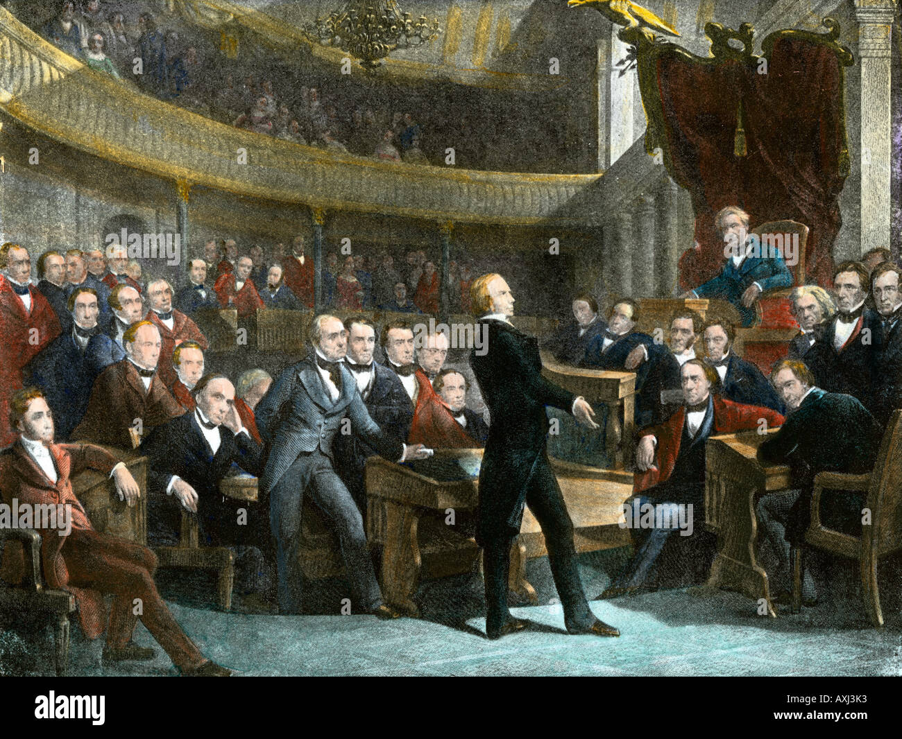 Henry Clay urging the US Senate to adopt the Compromise of 1850 to avert civil war. Hand-colored halftone of an illustration Stock Photo