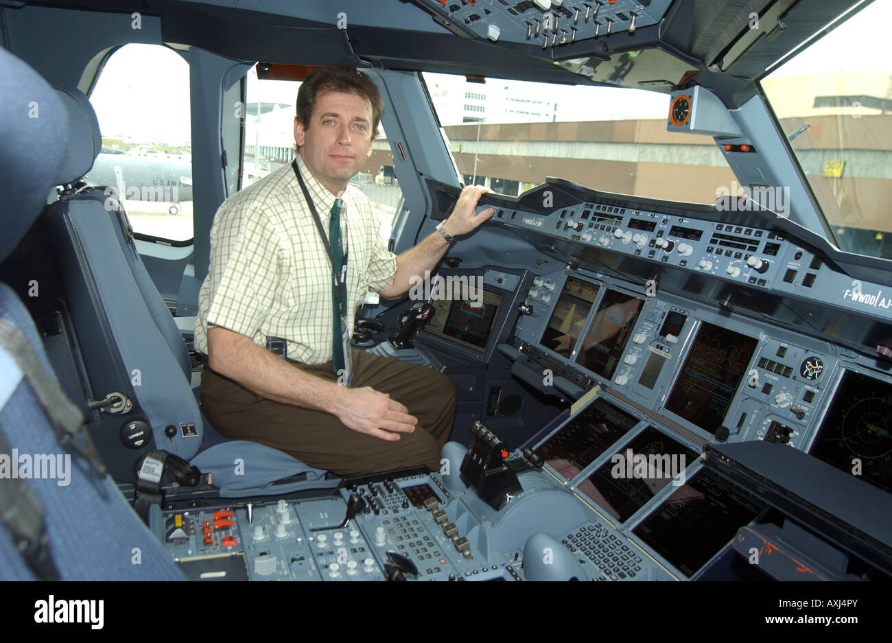 Airbus A380800 test pilot Pascal Verneau in the cockpit at the