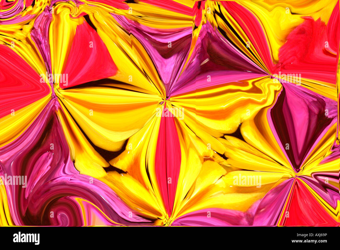 Satinscapes - computer art of smooth velvety vivid vibrant purple red pink yellow gold fabric with floral design in multi-color Stock Photo