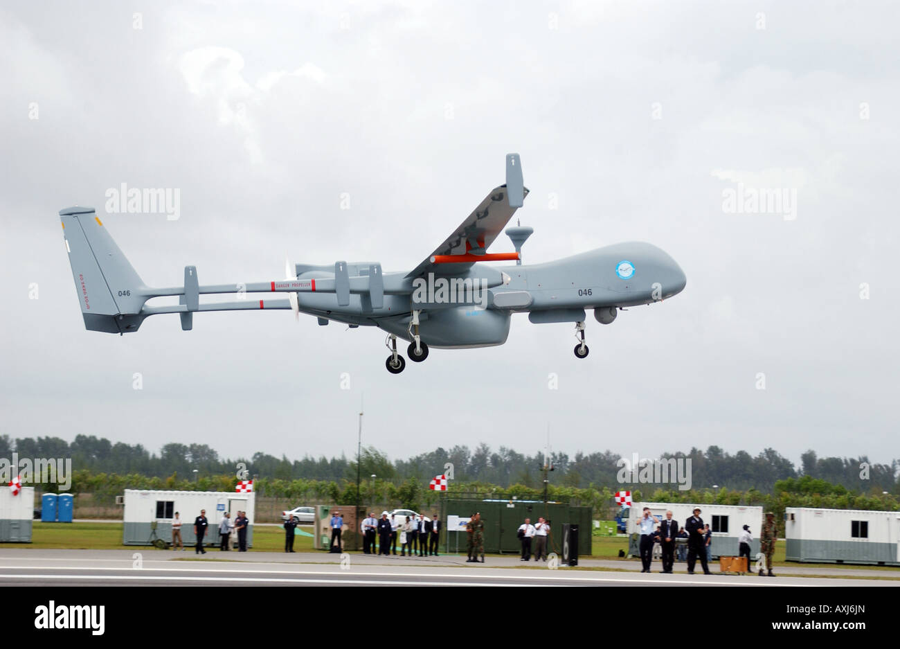 The Heron unmanned aerial vehicle (UAV) takes off from an army base in Singapore Stock Photo