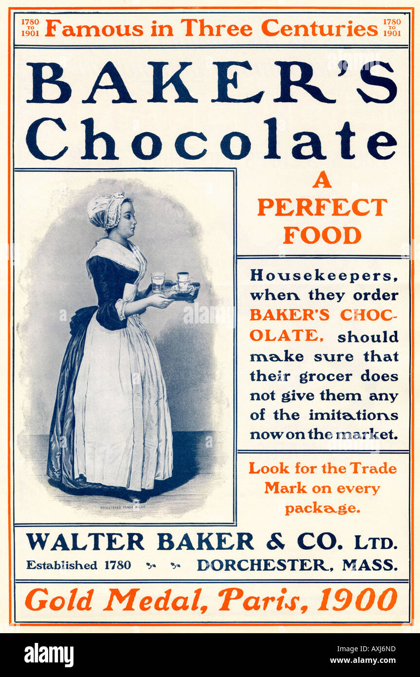 Advertisement for Bakers Chocolate circa 1900. Printed in 2 colors Stock Photo