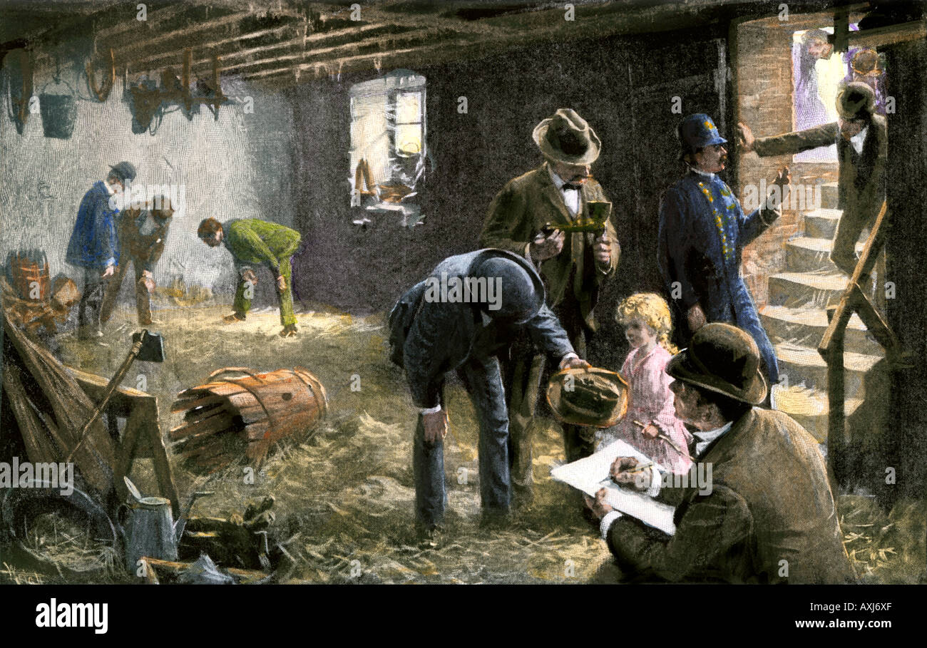 Detectives and reporters working on a murder story 1890s. Hand-colored halftone of an illustration Stock Photo