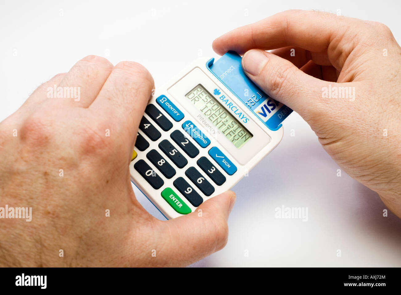 Inserting a debit card into a Barclays Bank Pin Sentry debit card reader device preventing online banking fraud Stock Photo