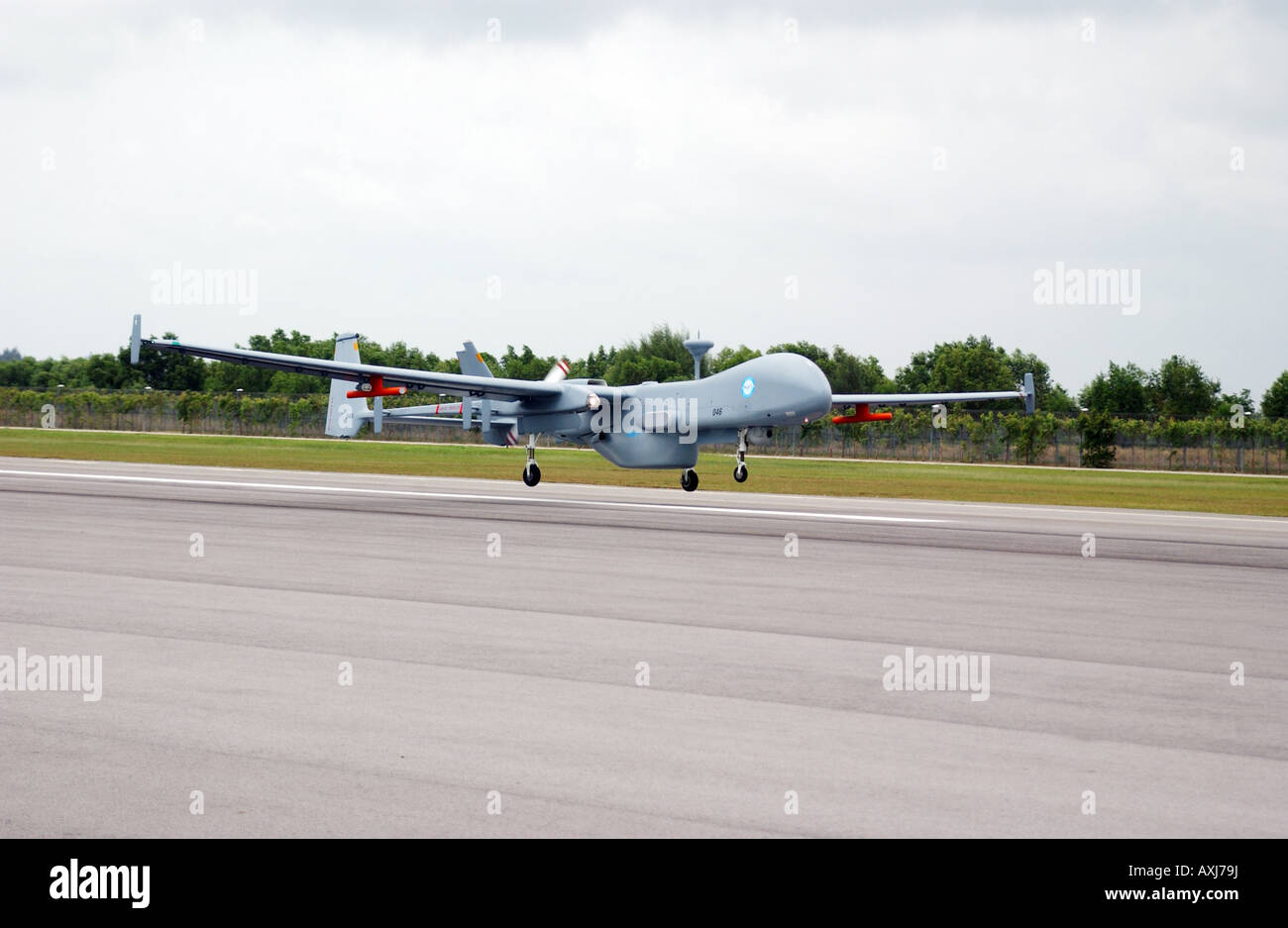 The Heron unmanned aerial vehicle (UAV) lands at an army base in