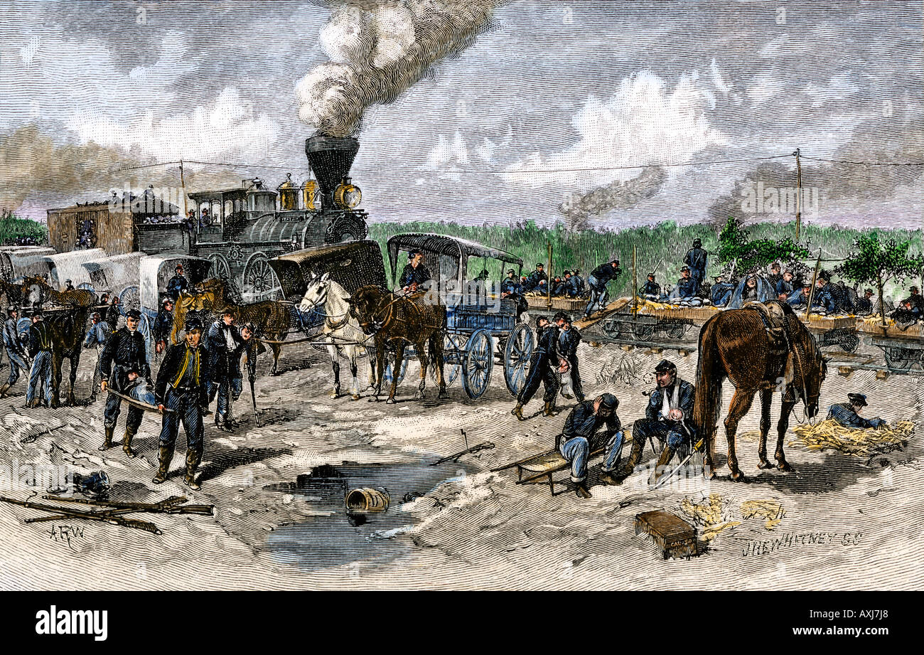 Wounded troops transported by train after the battle of Fair Oaks Virginia 1862 American Civil War. Hand-colored woodcut Stock Photo