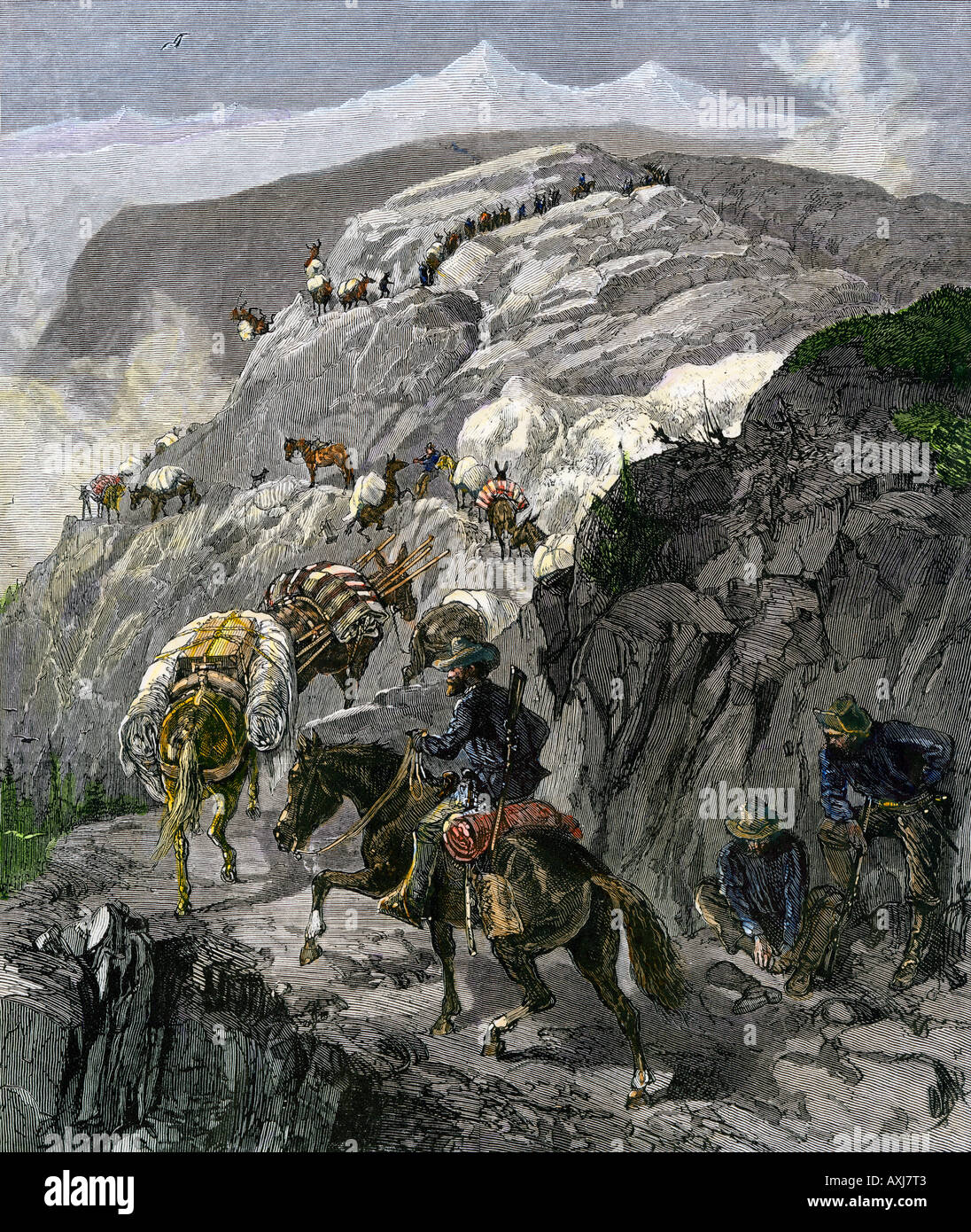 General Oliver Otis Howard pursuing the Nez Perce Indians on the Dead Mule Trail in Idaho 1877. Hand-colored woodcut Stock Photo