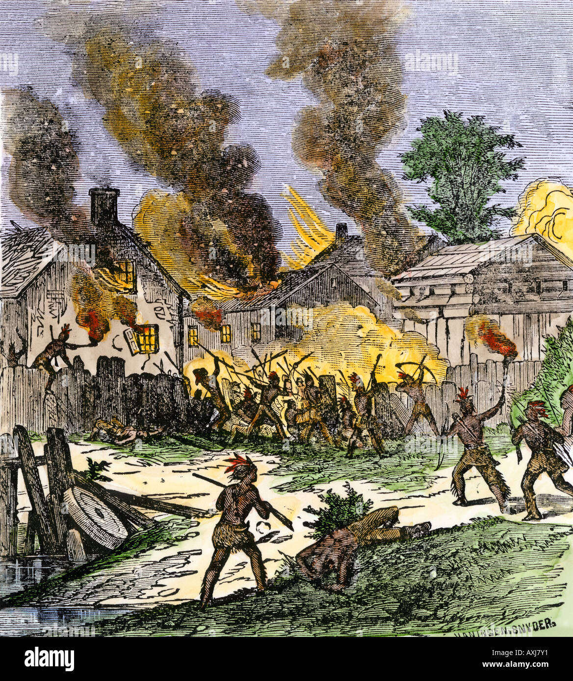 Colonial village of Brookfield Massachusetts burned by Native Americans during King Phillips War 1675. Hand-colored woodcut Stock Photo