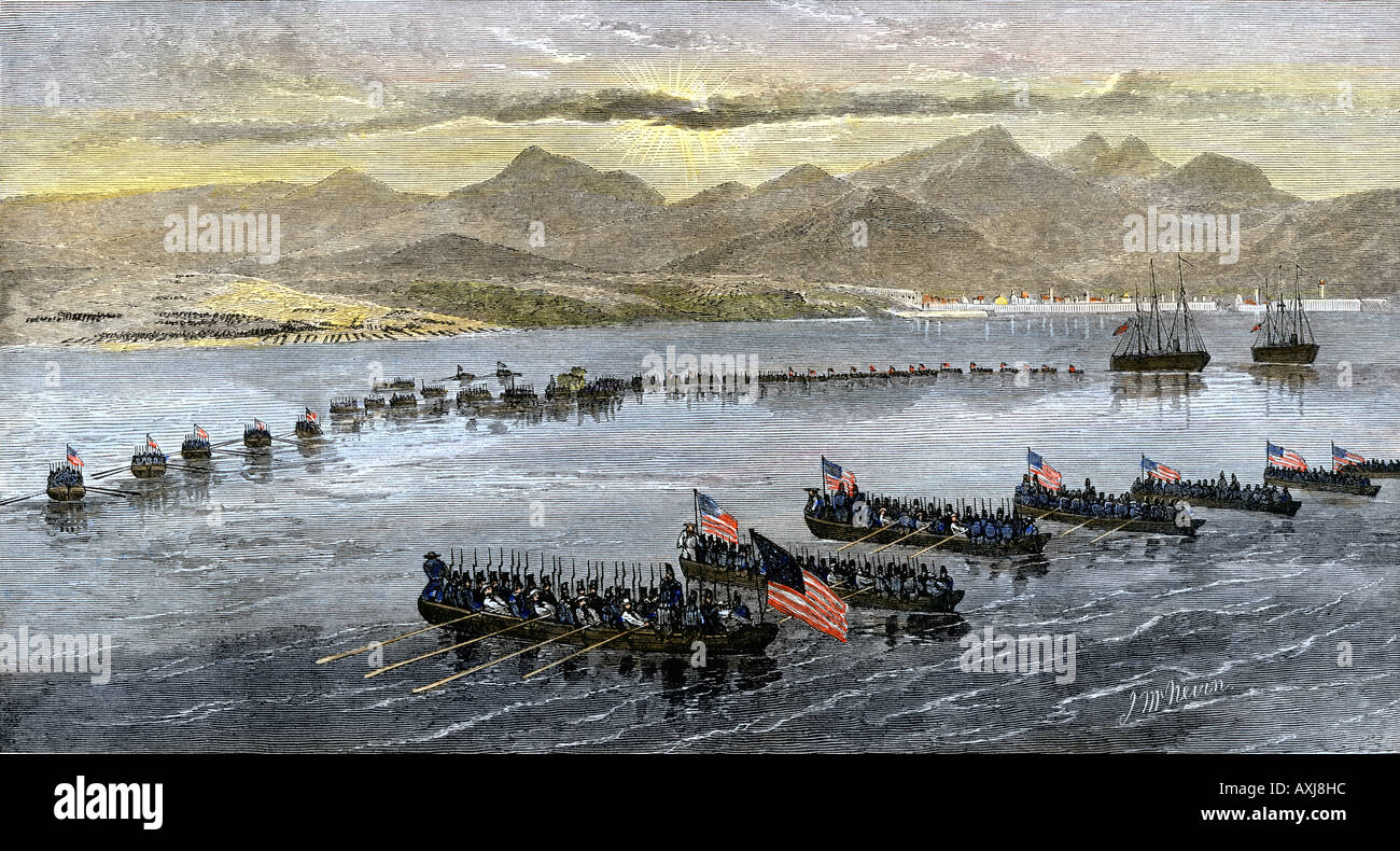 US troops landing at Vera Cruz Mexico during the US Mexican War 1847. Hand-colored woodcut Stock Photo