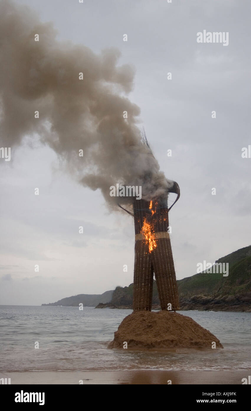 burning of the wicker man , Greve De Lecq beach , Jersey , Channel Islands Stock Photo