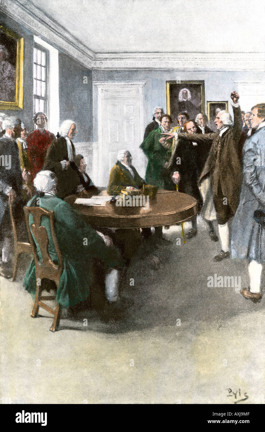 Samuel Adams demanding British army withdrawal after the Boston Massacre 1770. Hand-colored halftone of a Howard Pyle illustration Stock Photo