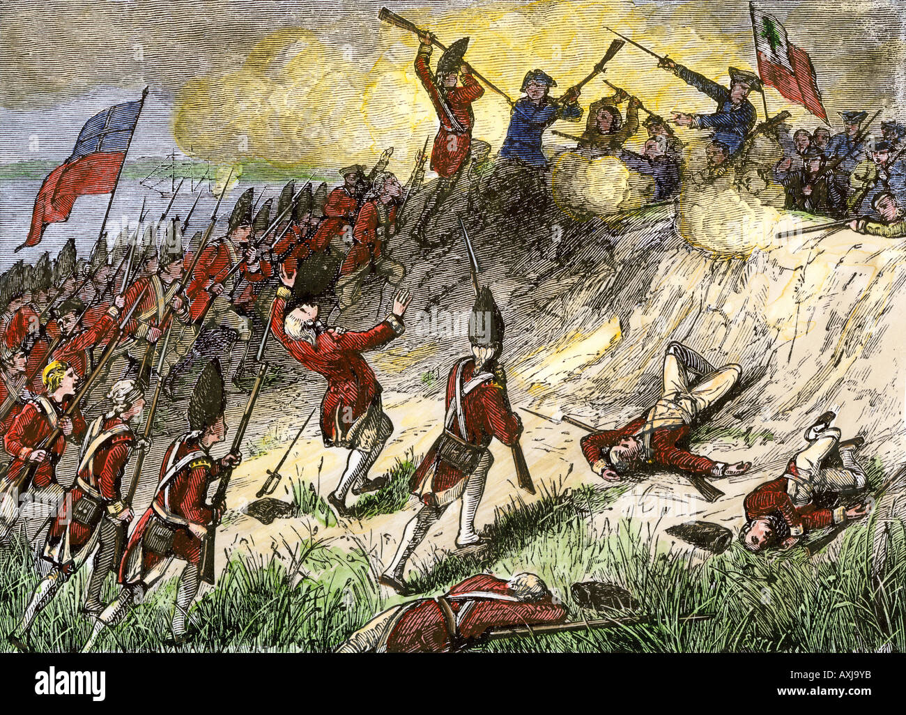 British assault on the American position atop Breeds Hill in the battle of Bunker Hill 1775. Hand-colored woodcut Stock Photo
