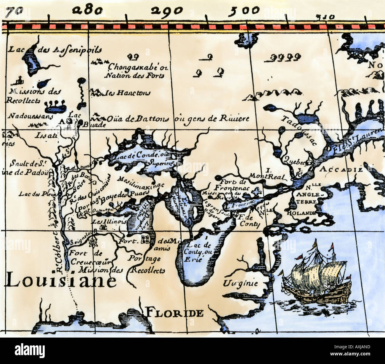 Hennepin map of New France Louisiana Carte de la Nouvelle France 1683. Hand-colored woodcut Stock Photo