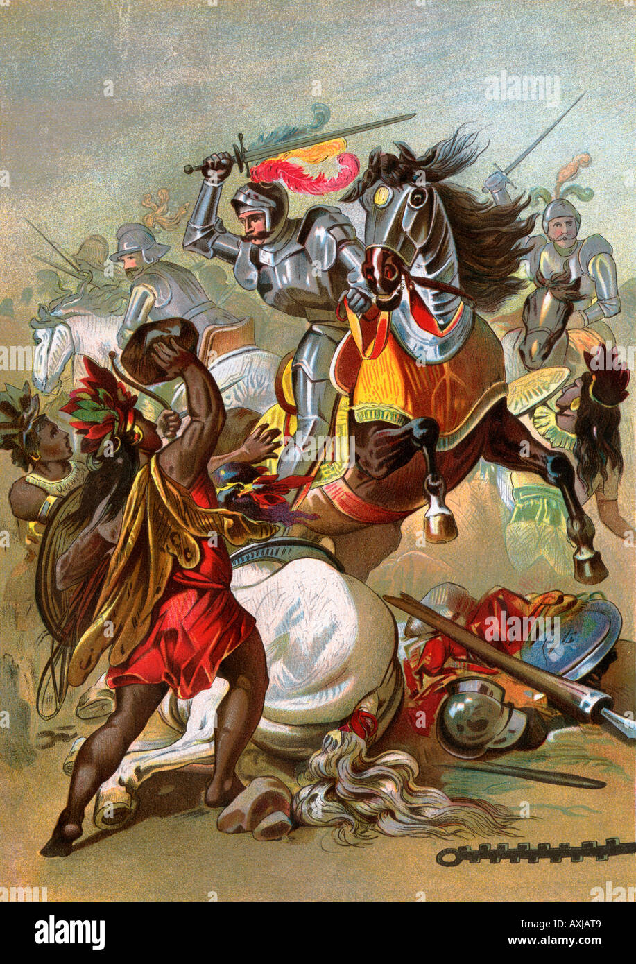 Hernando Cortes loses two horses in battle with Tlaxcala Mayans in  conquering Mexico 1519. Color lithograph Stock Photo - Alamy